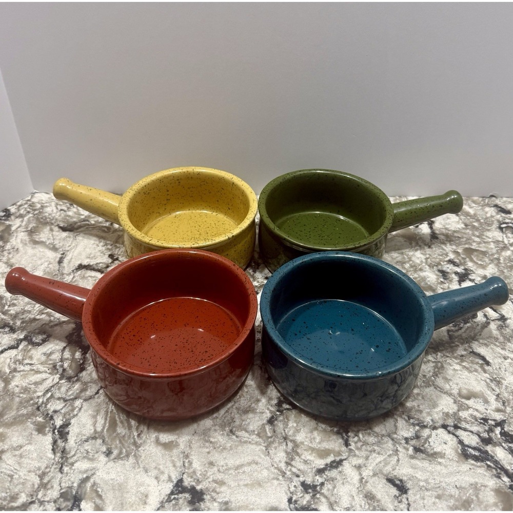 Set Of 4 Cereal Soup Crock Bowls With Handle Multi Color